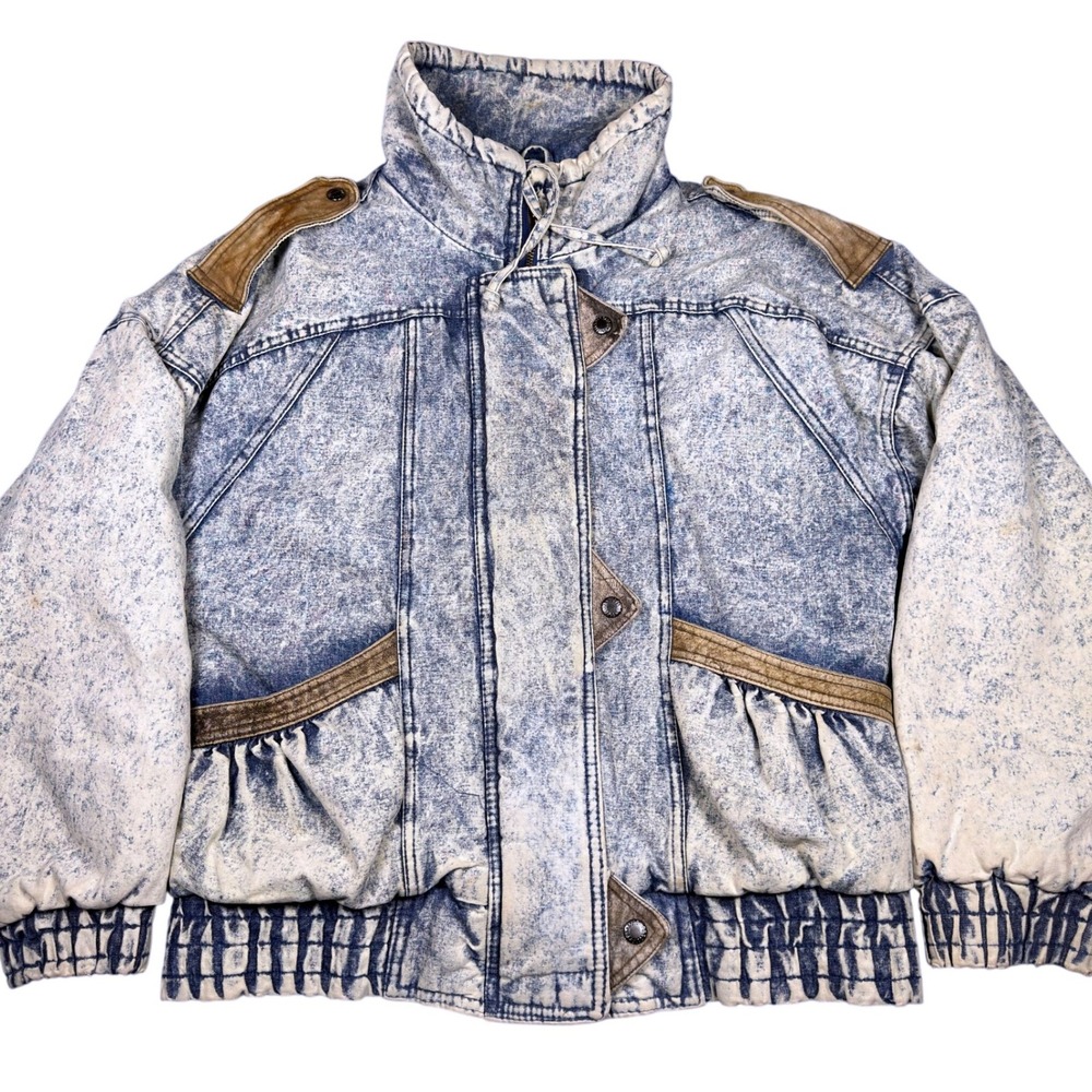 Vintage Prezzia Acid Wash Denim Bomber Jacket 80s Leather Trim Blue Small